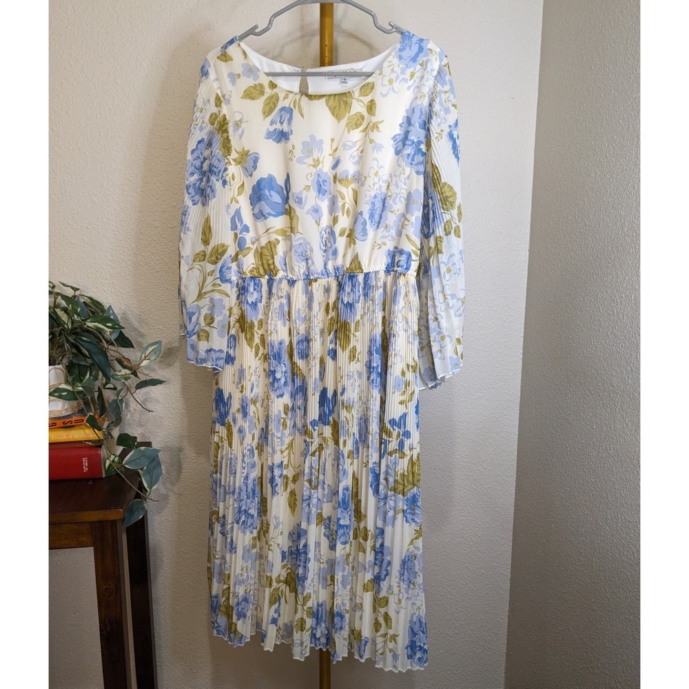 Sage Floral Pleated Midi Dress XL Long Sleeve Cottagecore Peasant Prairie